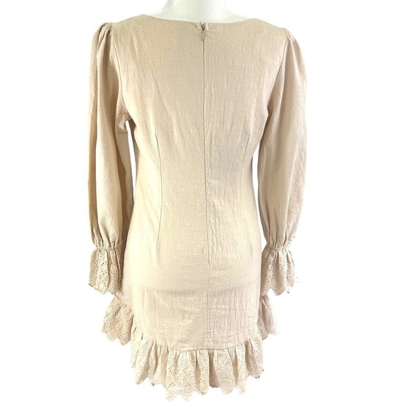 INDIKAH by Angel Biba Nude Low Cut U-neck Ruffle Linen Blend Mini Dress Medium - Picture 4 of 14